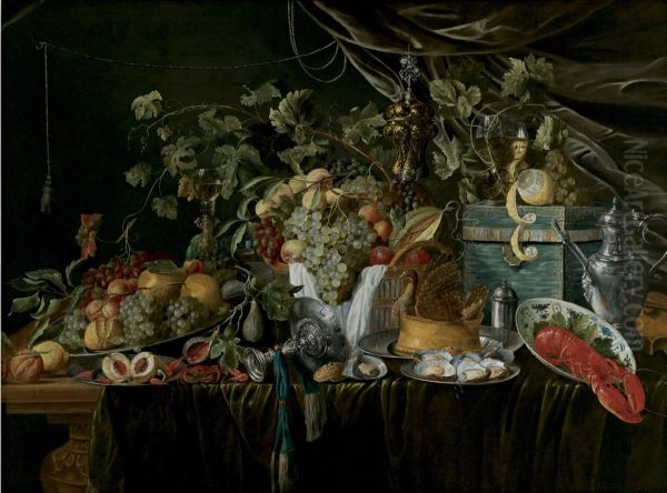 Grapes, pears, quinces, peaches, prawns, oysters and a pastry on pewter plates with other items, a jewelry box and a giant roemer on a draped table by a curtain Oil Painting by W. Mertens