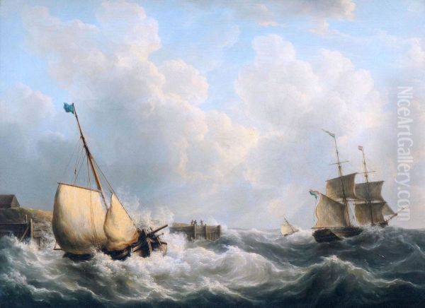 A sailing barge and a two-master leaving the wharf Oil Painting by Martinus Schouman