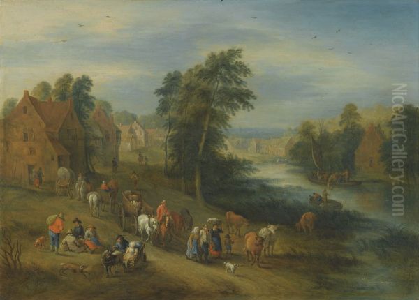 A River Landscape with Villagers and Carts on a Path Oil Painting by Theobald Michau