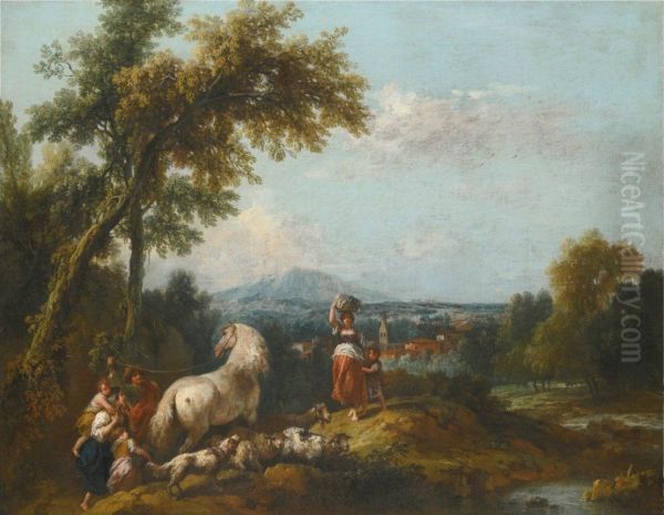 A Shepherd and his Family, Driving Sheep with a Dog and a White Horse, Encounter a Woman and her Child in a Pastoral Landscape Oil Painting by Francesco Zuccarelli