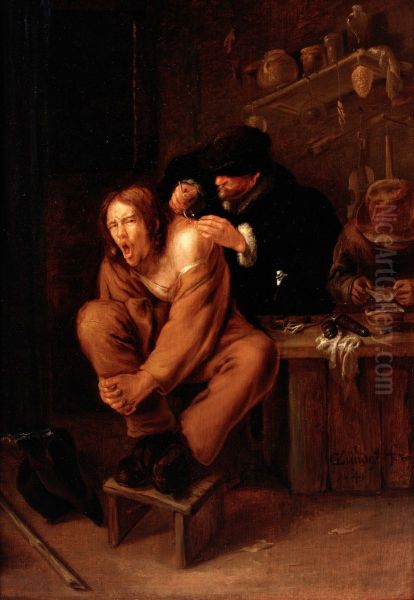 A surgeon applying medicine to a wound in the shoulder of a man in pain. Oil Painting by Gerrit Lundens