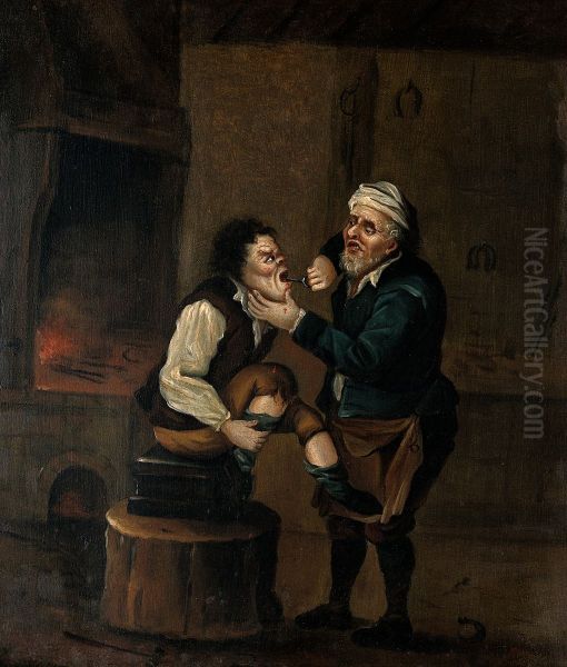 A surgeon extracting a tooth. Oil Painting by unknown