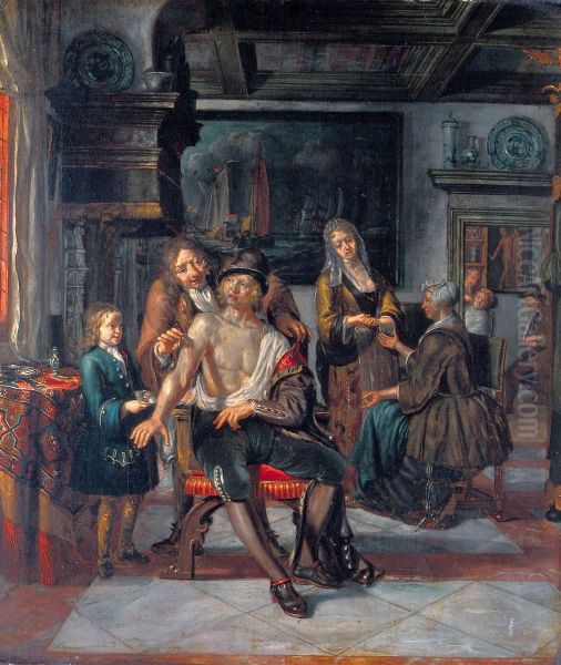 Interior of a surgery with a surgeon treating a wound in the arm of a man, with a boy and five other figures Oil Painting by Matthijs Naiveu