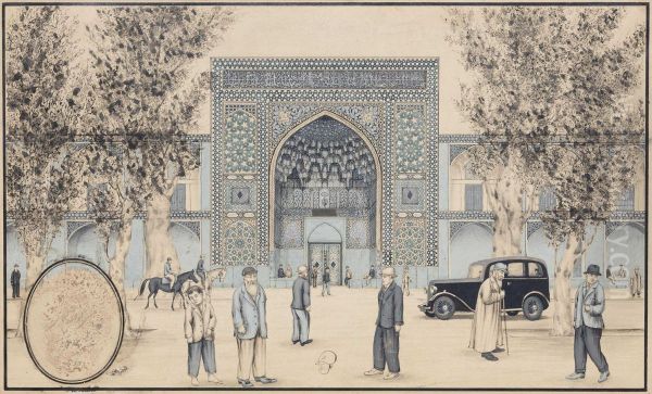 A Street View of the Chahar Bagh Madrasa in Isfahan Oil Painting by Mohammad Hossein Mosavvar-ol-Molki