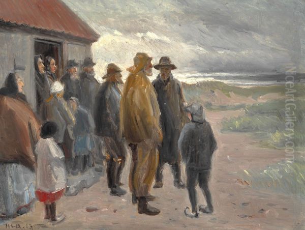 Outside the fisherman's house. Stormy weather, Skagen. Oil Painting by Michael Peter Ancher