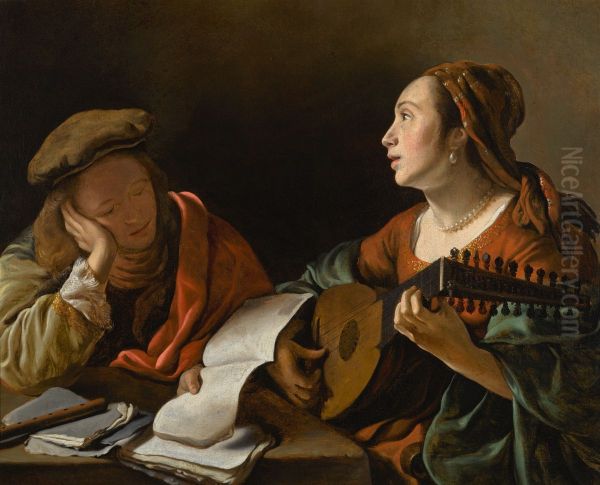 A young lady playing the lute to a young man reading, or An allegory of sight and hearing Oil Painting by Govert Flinck