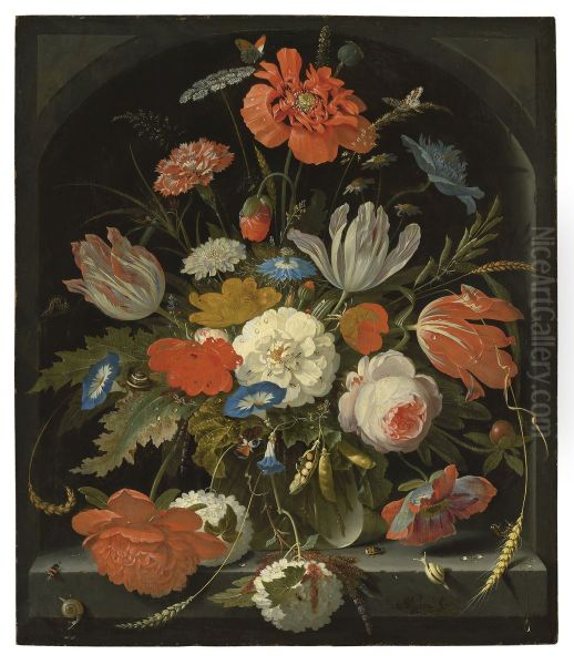 Flowers in a glass vase, with snails and insects, in a niche Oil Painting by Abraham Mignon