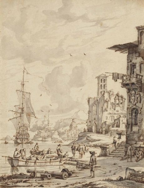 Ships at the entrance of a port, the dome of a church in the background Oil Painting by Abraham Storck