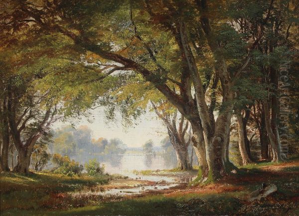 Lysning i en skov ved en so. Oil Painting by Carl Frederik Aagaard