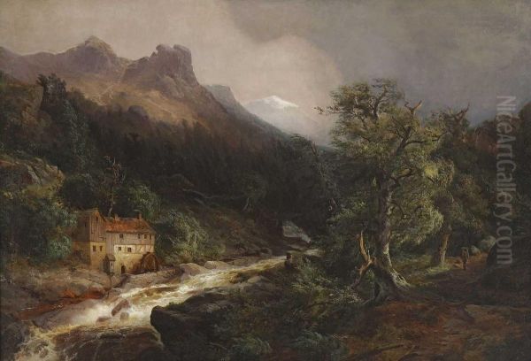 Mountain landscape with mill Oil Painting by Andreas Achenbach