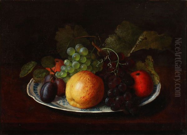 Still life with apples, plums, and grapes on an earthenware dish. Oil Painting by Ada Sindberg