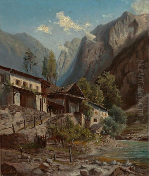 Malerische Gebirgslandschaft mit Gehoften an einem Bach Oil Painting by Adalbert Wex