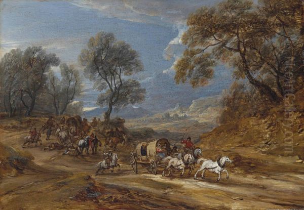 A convoy attacked by brigands Oil Painting by Adam Frans van der Meulen