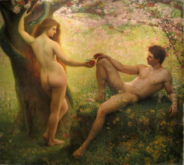 Adam and Eve, garden of Eden. Oil Painting by Gustave-Claude-Etienne Courtois