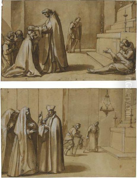 Two Episodes From The Life Of St Francis De Paula: A Prince Attended By Two Pages Kneeling While Being Crowned By The Saint Oil Painting by Vicente Carducho