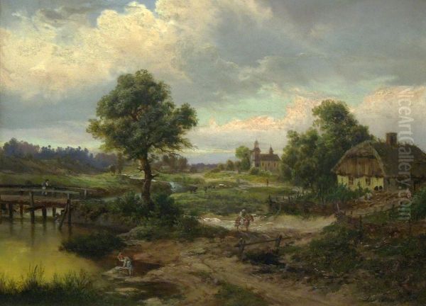 Landscape with a Church Oil Painting by Adam Wiktor Malinowski