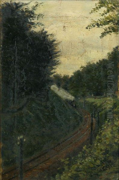 View from Munkebjerg forest with train. Oil Painting by Hans Agersnap