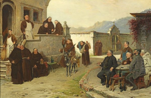 Ankunft der Bettelmonche im Kloster(hofe) Oil Painting by Adolf Humborg