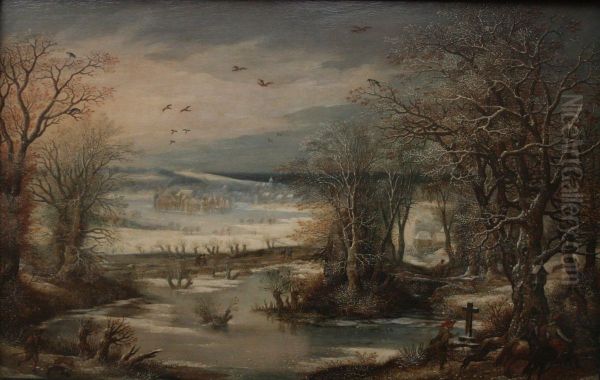 Winterlandschap met kasteel van Tervuren Oil Painting by Denis van Alsloot