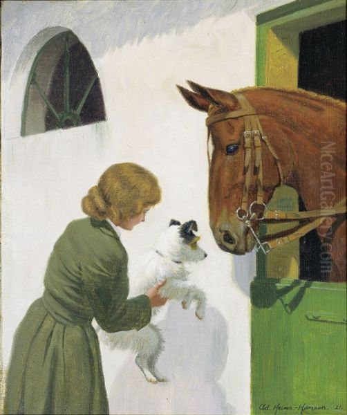 Good friends. A girl with a dog and a horse. Oil Painting by Adolf Heinrich-Hansen