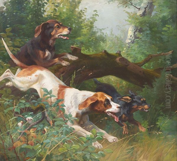 Dogs chasing through a forest. Oil Painting by Adolf Mackeprang