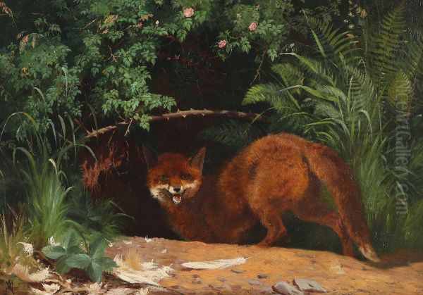 Forest scenery with a fox Oil Painting by Adolf Mackeprang