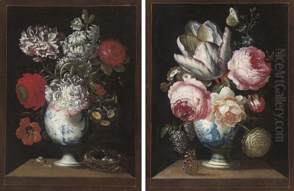 Roses, Polyanthas, Lilac And A Parrot Tulip In A German Fayence Blue And White Vase Oil Painting by Johann Careel