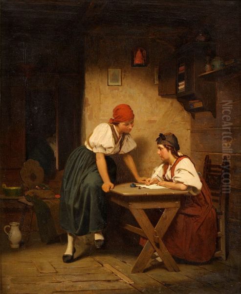 Der Brief an den Liebsten. Oil Painting by Adolf Schmidt