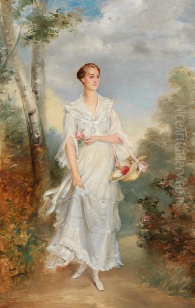 Portrait of a Young Lady with a Basket of Flowers. Oil Painting by Adolf Pirsch