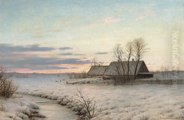 A cottage in a winter landscape at dusk. Oil Painting by Adolph Larsen