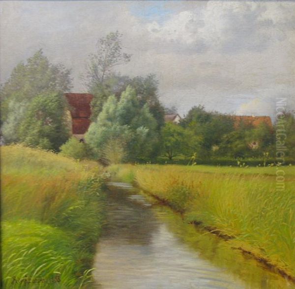 Landscape by a stream with trees and houses at a distance. Oil Painting by Adolph Larsen