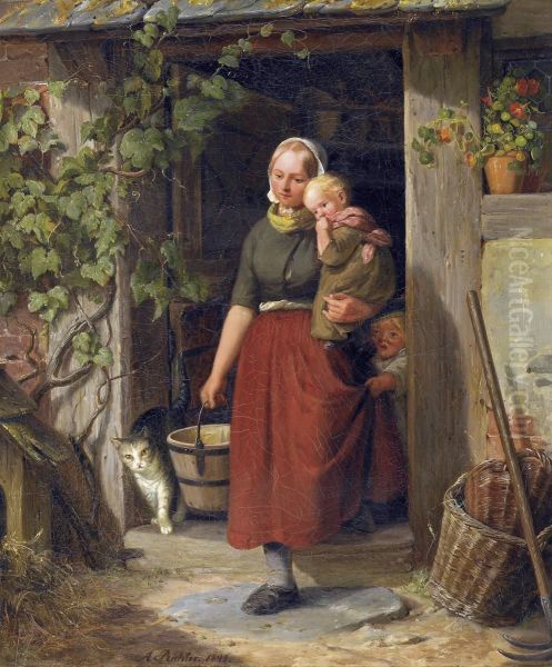 A young wine grower and her children Oil Painting by Adolph Richter