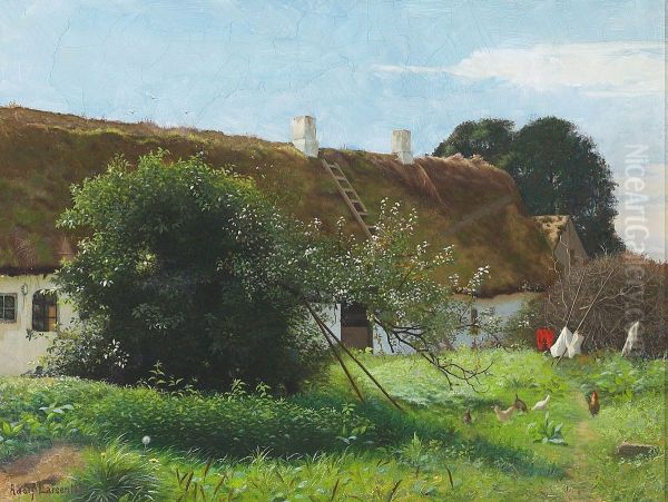 Landscape with hens in front of a thatched house. Oil Painting by Adolph Larsen