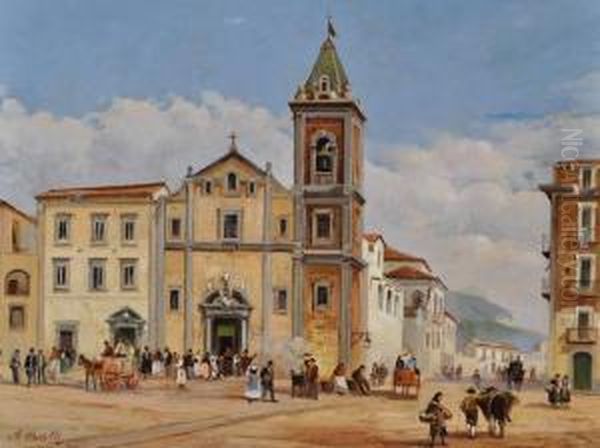 Busy Street Scene In Palermo Oil Painting by Achille Carelli