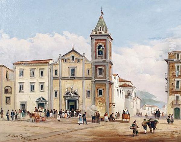 A Square With A Church, Palermo Oil Painting by Achille Carelli