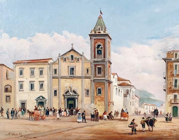 A Square With A Church, Palermo Oil Painting by Achille Carelli