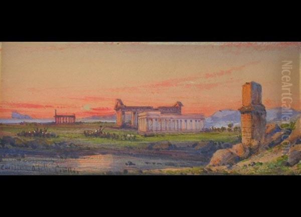 Tempelanlagen Von Paestum
 Aquarell Auf Papier Oil Painting by Achille Carelli