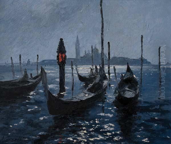 Gondolas En El Gran Canal Oil Painting by Augusto Carelli