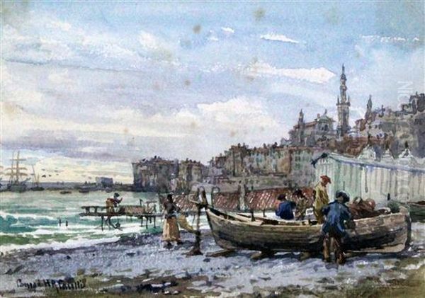 Fishermen On The Beach, A Town Beyond Oil Painting by Conrad H.R. Carelli