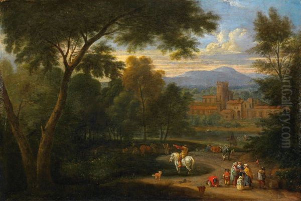 Italianate landscape with travelers and horsemen Oil Painting by Pieter Bout