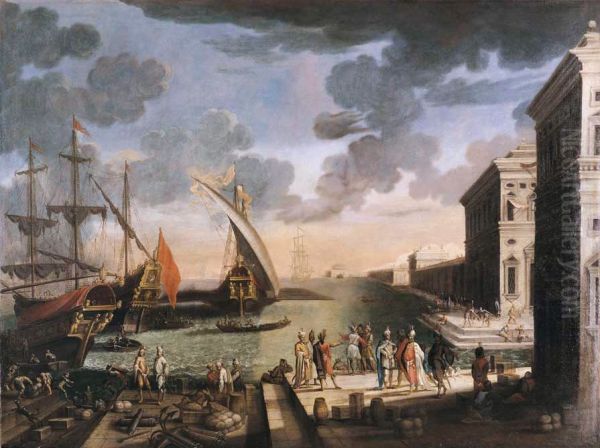 Port with the arrival of an ambassador Oil Painting by Adriaen Van Der Cabel