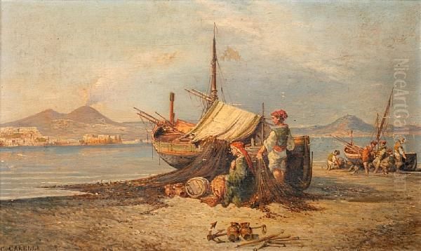 Figures Mending Nets Beside Beached Fishingboats In The Bay Of Naples Oil Painting by Conrad H.R. Carelli