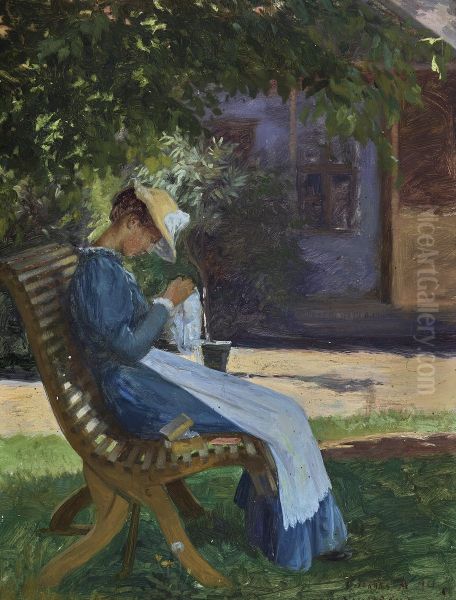 Meta Kjeldsen sitting in the shadow under the linden tree in the garden of Valstedgaard. Oil Painting by Cilius Andersen