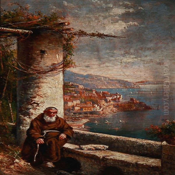 View Over Amalfi With A Monk In A Loggia Oil Painting by Consalvo Carelli