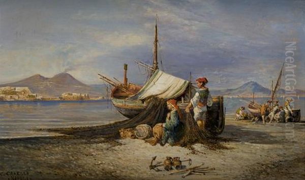 Napoli, Veduta Da Mergellina Con Barche E Pescatori Oil Painting by Consalvo Carelli