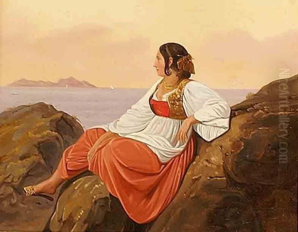 Bellezza Napoletana Con Sfondo Dell'isola Di Capri Oil Painting by Consalvo Carelli