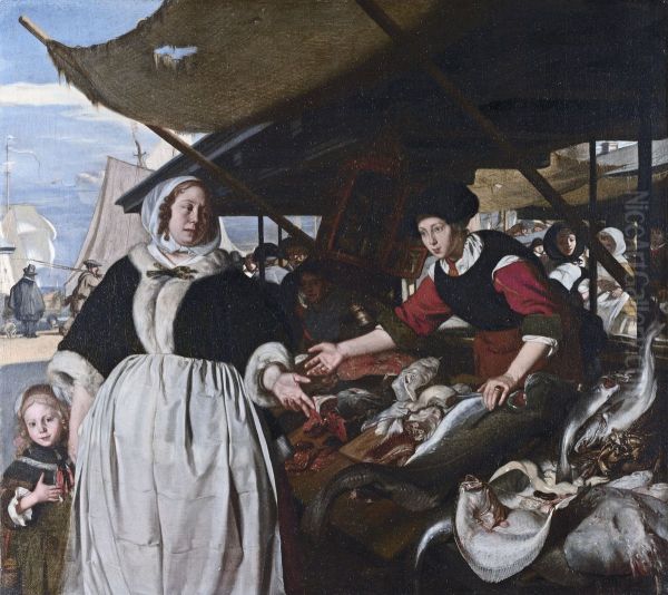 Adriana van Heusden and her daughter at the new fishmarket in Amsterdam Oil Painting by Emanuel de Witte