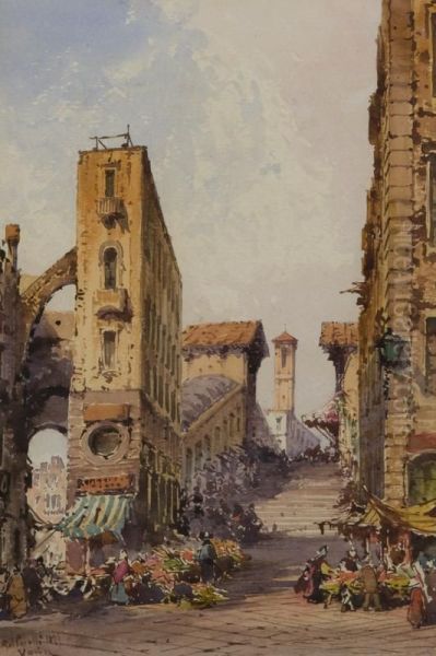 Veduta Urbana Con Mercato Presso Una Scalinata Oil Painting by Gabriele Carelli