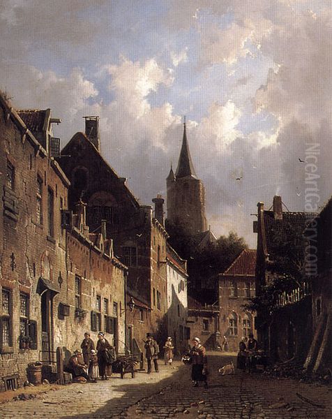 A Dutch Street Scene Oil Painting by Adrianus Eversen