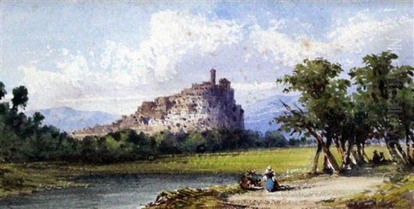 Figures In A Landscape With A Hilltop Town Beyond Oil Painting by Gabriele Carelli